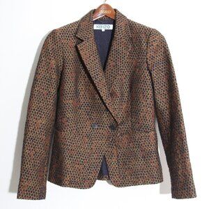 Kenzo Paris Wool Blend Blazer Jacket Double-Breasted Brown Scalloped Size 40